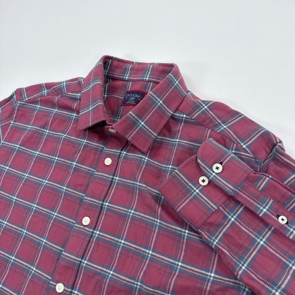 UNTUCKit Mens Button Up Shirt Large Slim Fit Burgundy Plaid Flannel Classic